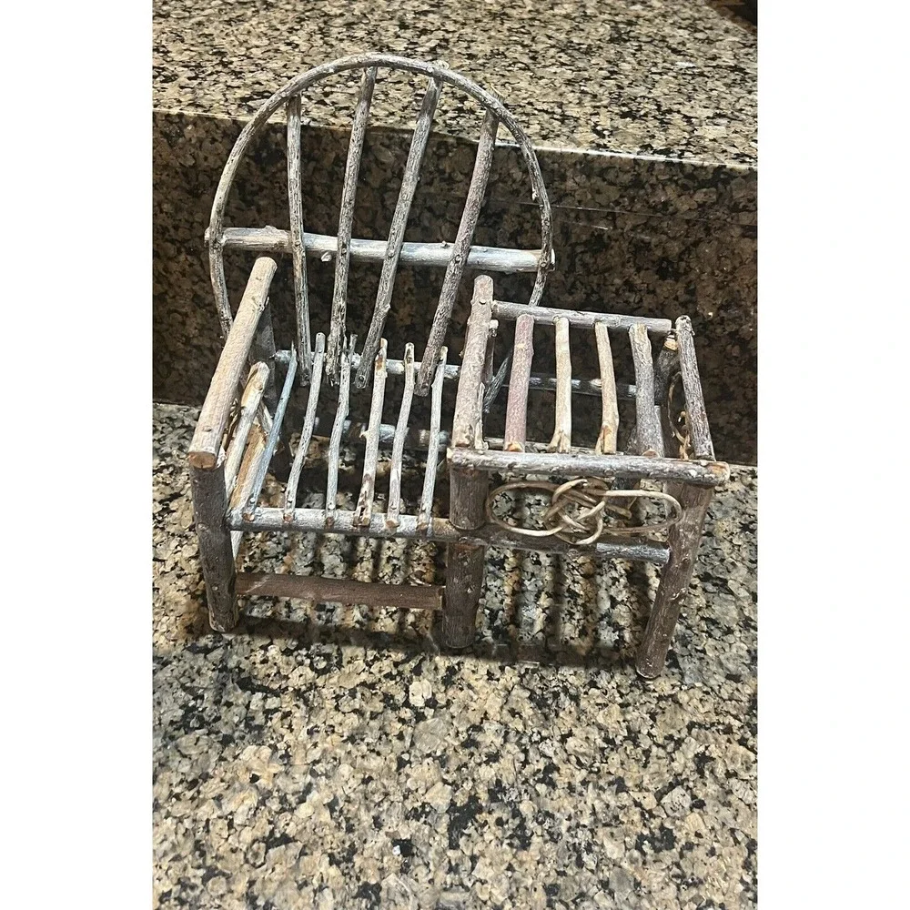 Willow Branch Mini Wood Chair With Attached Table Perfect For Dolls Or Plants